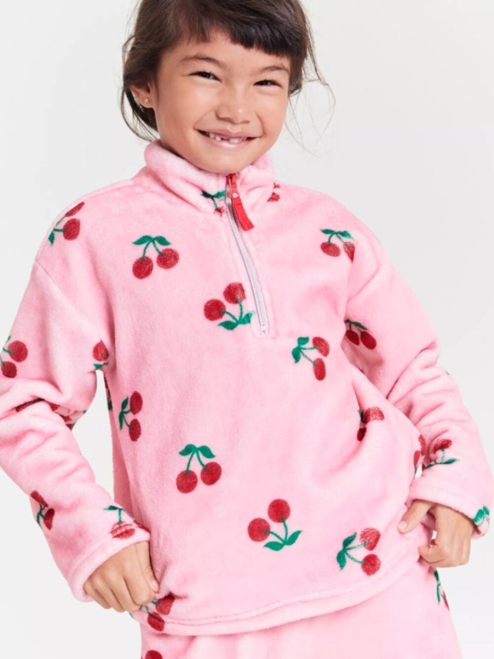Kensie Girl Cherry Print Sherpa Half Zip Sweatshirt Pink Girls M 8/10 Plush Top